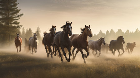 Horses run gallop in the meadow at sunrise. 3d renderの素材