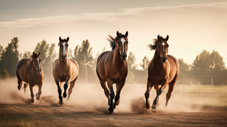 Three horses run gallop in the meadow at sunset time.の素材