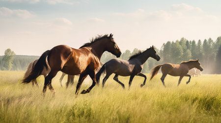 Horses run gallop in the meadow on a sunny dayの素材
