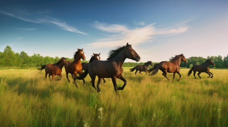 Horses galloping in the meadow at sunset. Motion blurの素材