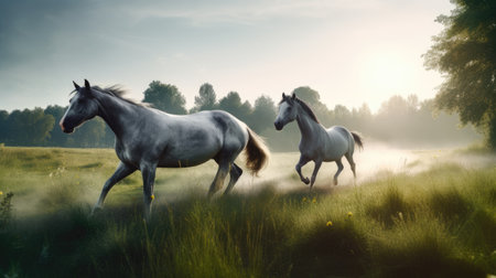 Horses in the meadow at sunrise. 3d rendering.の素材