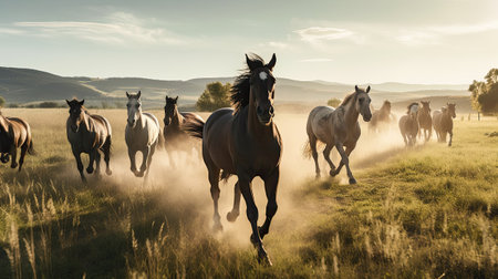 Herd of horses running on a meadow in the morning lightの素材