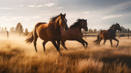 Horses running in the meadow at sunrise. Motion blur.の素材