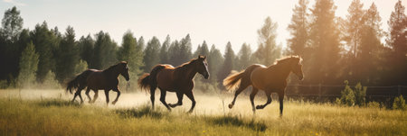 Horses run gallop in the meadow at sunset. Wide photoの素材