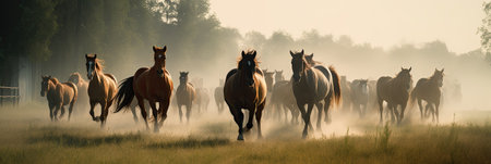 Horses galloping in a foggy meadow at sunrise.の素材