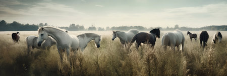 Horses in the meadow at sunrise. Panoramic image.の素材