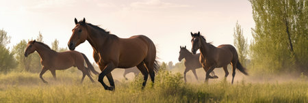 Horses running in the meadow at sunset, panoramicの素材