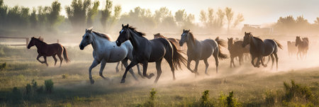 Herd of horses galloping in the morning mist. Panoramaの素材