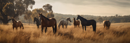 Herd of horses in the paddock at sunset in autumn.の素材