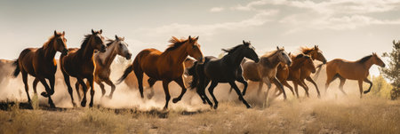 Horses run gallop in the meadow. Panorama.の素材