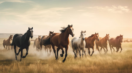 Herd of horses run gallop on the meadow at sunsetの素材