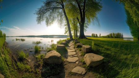 Panoramic view of a lake at sunset. Summer landscape with lake and treesの素材