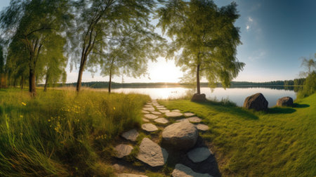 Panoramic view of a lake with a stone path in the foregroundの素材