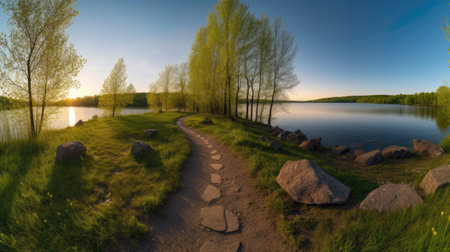 Panoramic view of the lake at sunset. Nature composition.の素材