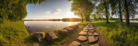 Panoramic view of the lake at sunset. Summer landscape.の素材