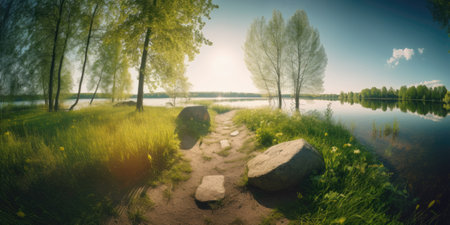 Beautiful spring landscape with river and trees. Panoramic view.の素材