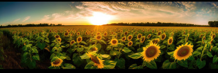Sunflower field at sunset. Panoramic view of sunflower field.の素材