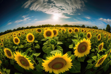 Sunflower field with blue sky and clouds. Beauty nature background.の素材