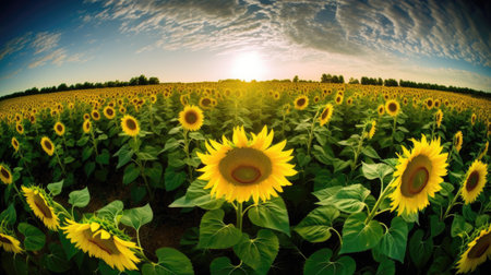Sunflower field at sunset in summer. Landscape with sunflowers.の素材