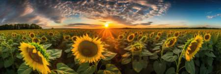 Sunflower field at sunset. Panoramic view of sunflower field at sunset.の素材