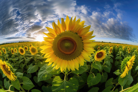 Sunflower field over cloudy blue sky with sun rays. Nature backgroundの素材