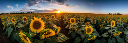 Sunflower field at sunset. Panoramic view of sunflower field at sunset.の素材