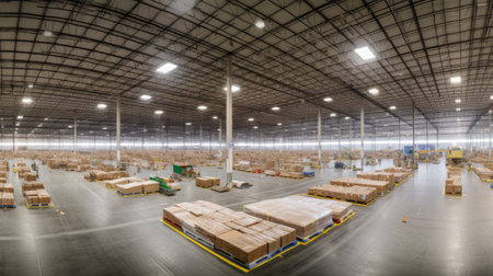 warehouse interior with rows of shelves and pallets in a warehouseの素材
