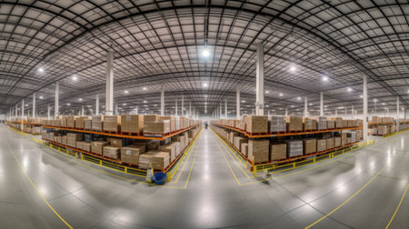 Warehouse interior with shelves and rows of boxes. 3d renderingの素材