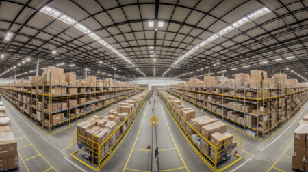 Warehouse or storehouse with rows of boxes on shelves. Blurred backgroundの素材