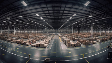 3d rendering of warehouse or warehouse with rows of cardboard boxes in warehouseの素材