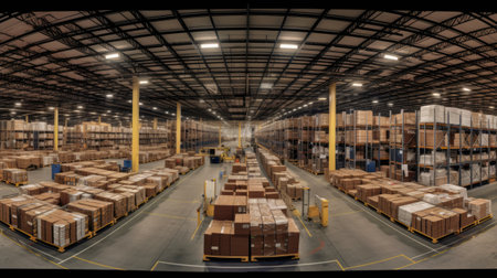 High angle view of a warehouse with rows of boxes on the shelvesの素材