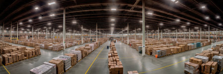 Panoramic view of warehouse with rows of boxes. Industrial backgroundの素材