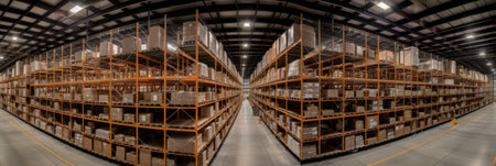 Panoramic view of a warehouse with rows of shelves and boxesの素材