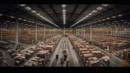 3d rendering of warehouse with shelves full of cardboard boxes in factoryの素材
