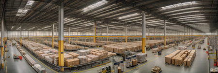 Panoramic view of a large warehouse with a lot of boxesの素材