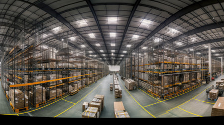 Warehouse or storehouse with rows of shelves and pallets. Industrial backgroundの素材