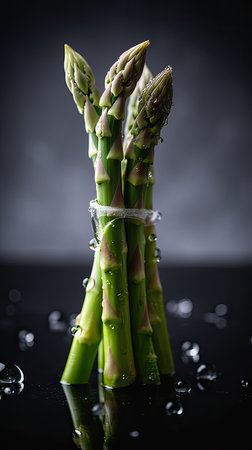 Bunch of fresh green asparagus with water drops on black backgroundの素材