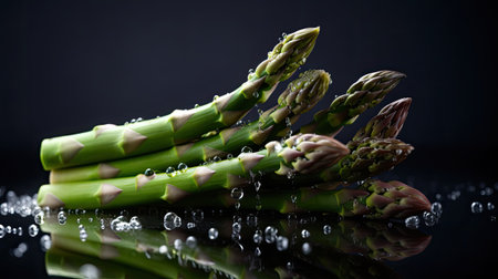 Bunch of fresh green asparagus with water drops on black backgroundの素材
