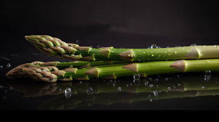 Bunch of fresh green asparagus on black background with water dropsの素材