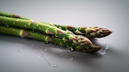 Bunch of fresh green asparagus with water drops on grey backgroundの素材