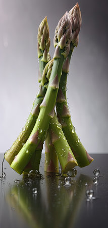Fresh green asparagus with drops of water on a dark backgroundの素材