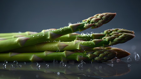 Fresh green asparagus spears with water drops on a dark backgroundの素材