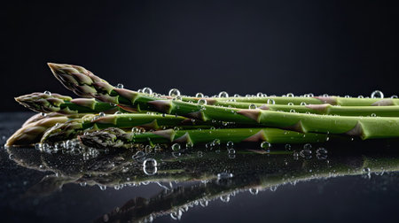 Fresh green asparagus on a black background with water drops.の素材