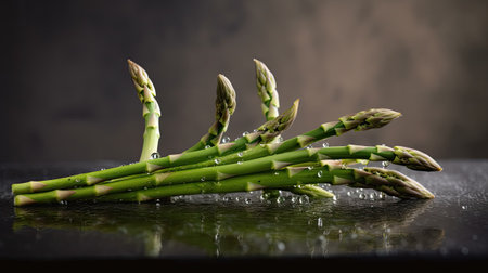Fresh green asparagus spears on a black background with water dropsの素材