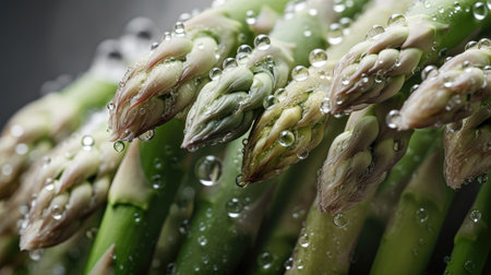 Bunch of fresh green asparagus with water drops close upの素材