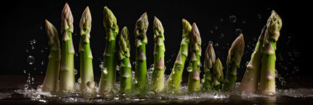 Green asparagus sprouts with water splashes on black background.の素材