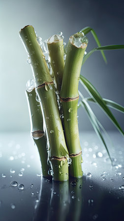Bamboo stems with ice cubes and water drops on dark background.の素材