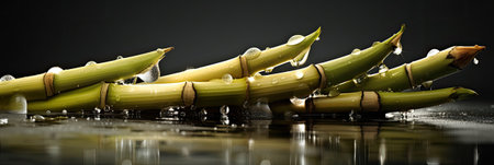 Bamboo on a black background with water drops. 3d renderingの素材