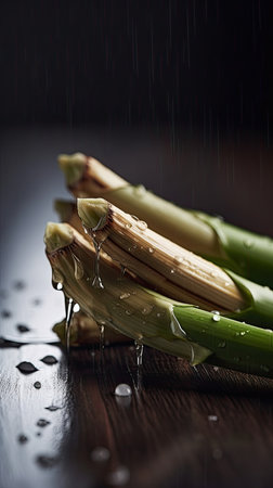 Fresh bamboo with drops of water on a dark wooden background.の素材