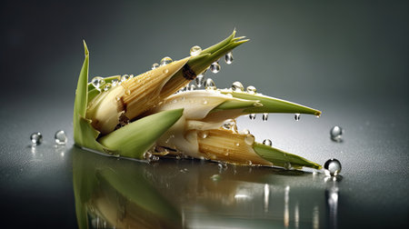 Bamboo shoots with water drops on a dark background close-upの素材